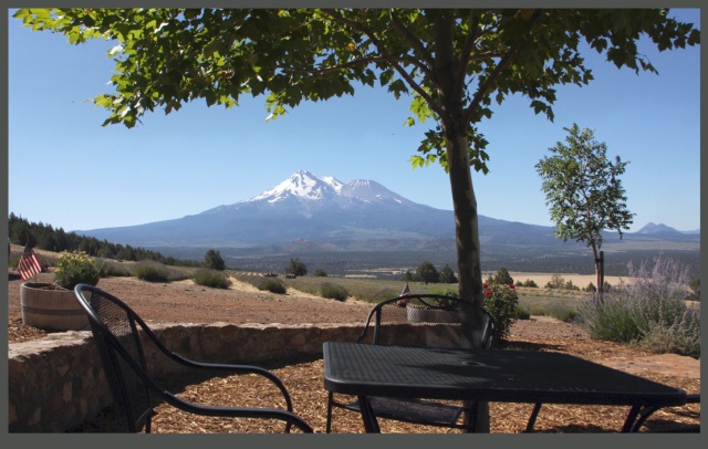 table chair and view of Mt Shasta